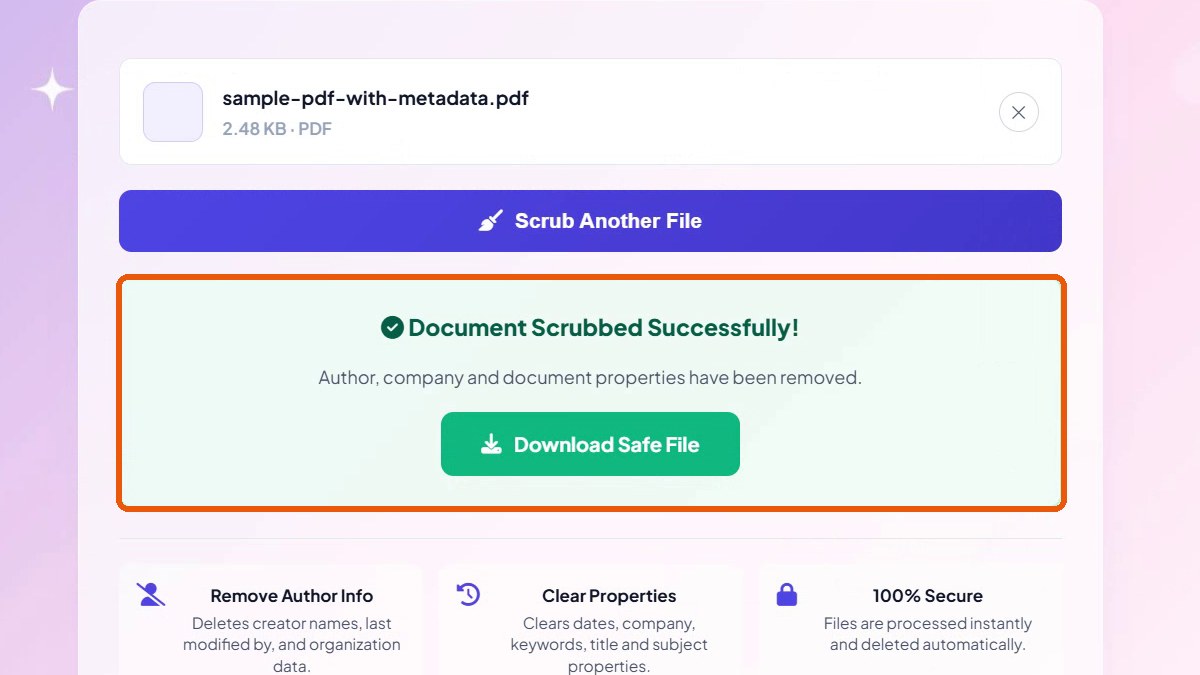 Success message and Download Safe File button