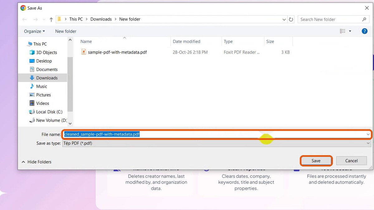 Save As dialog with cleaned_sample-pdf-with-metadata.pdf