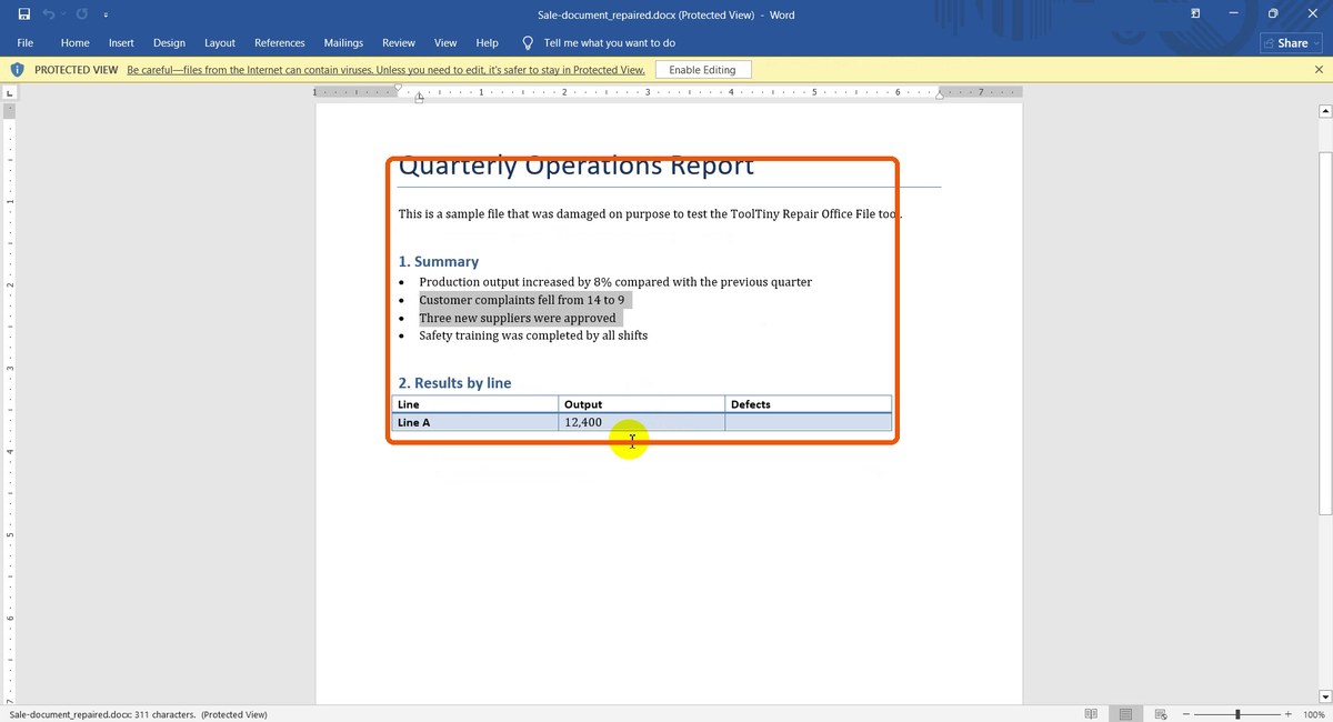 Repaired Word document opened in Protected View