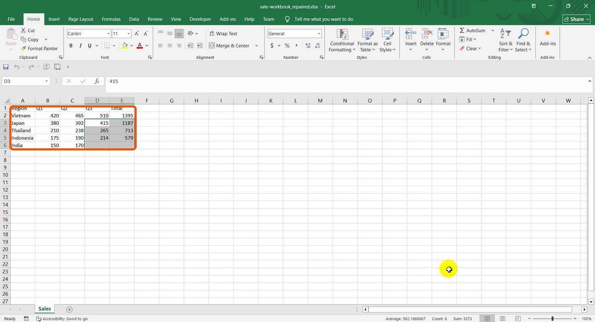 Repaired Excel workbook with recovered rows