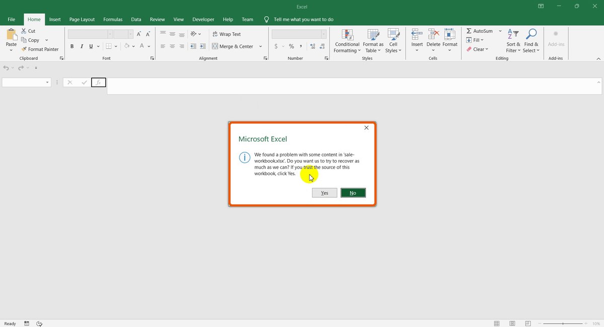 Excel message about a problem with some content