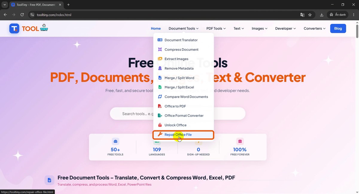 Document Tools menu with Repair Office File highlighted