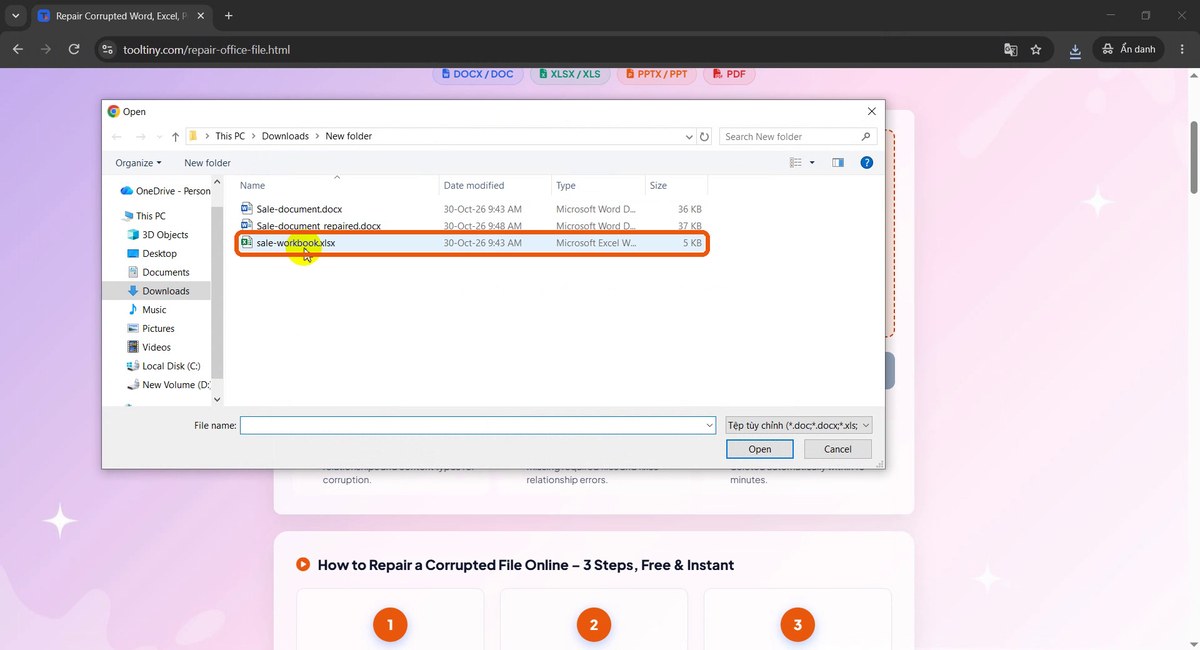 Open dialog with the damaged workbook selected
