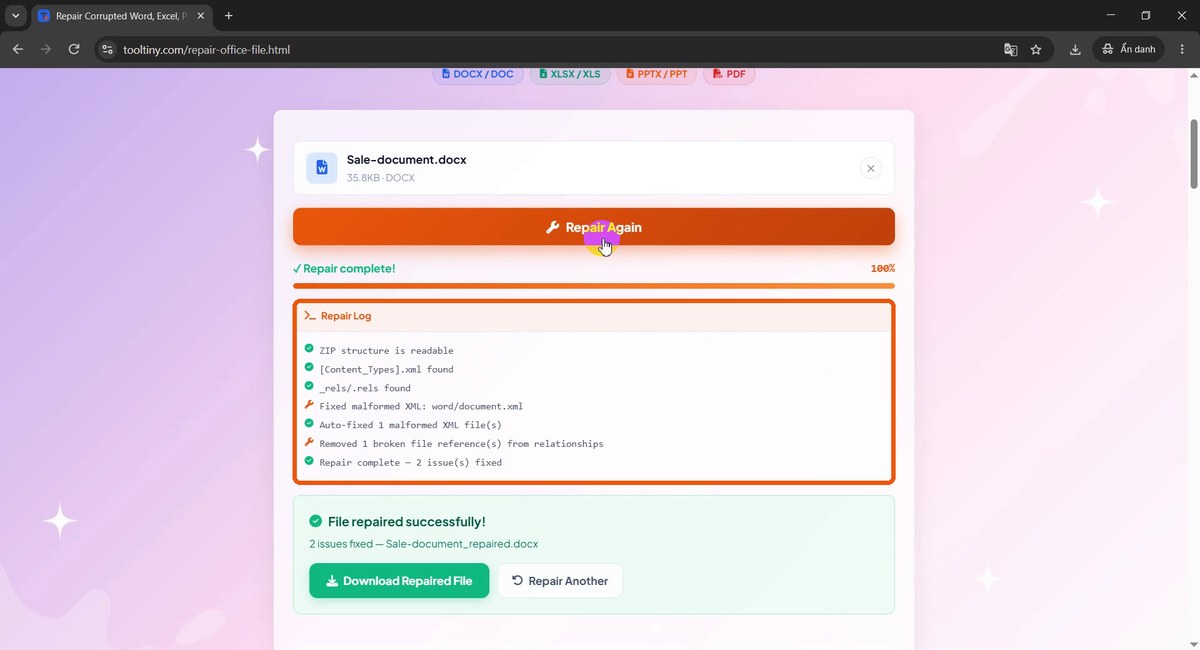 Repair log for the Word file