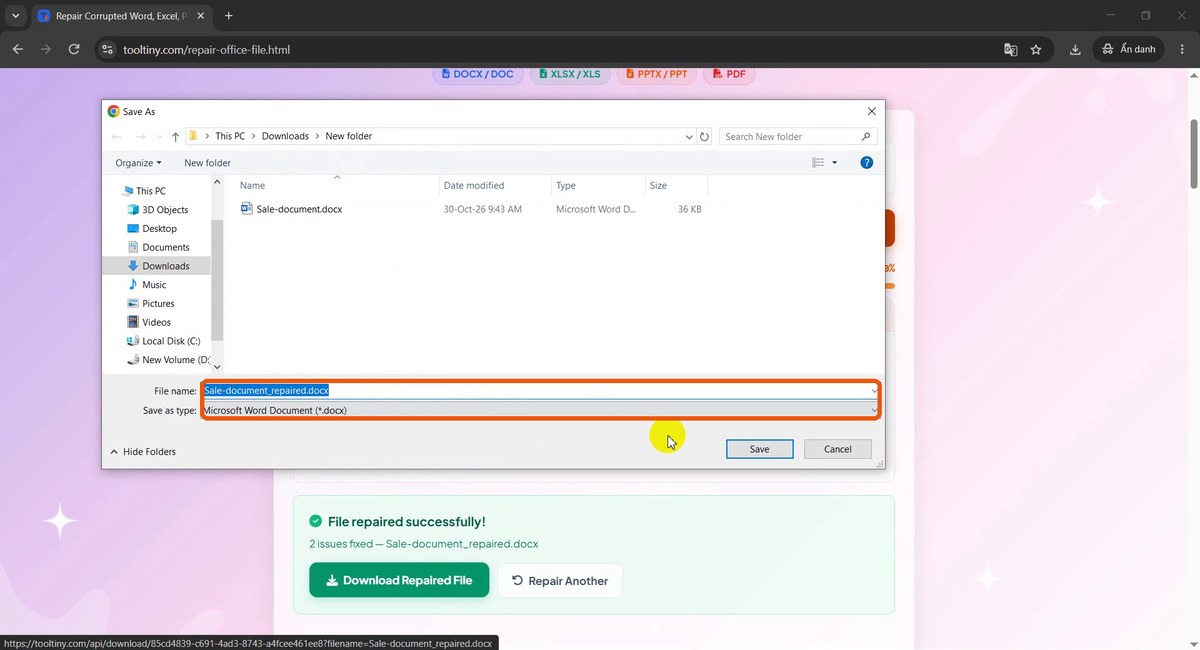 Save As dialog with the repaired file name