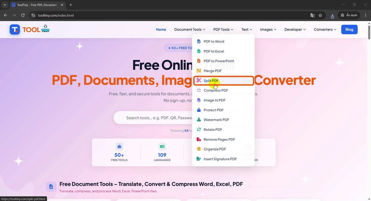 PDF Tools menu with Split PDF highlighted