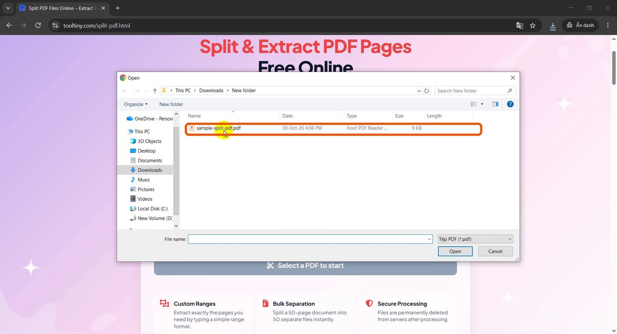 Open dialog with sample-split-pdf.pdf selected