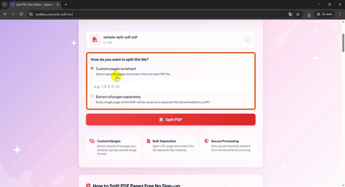 Two split options: custom pages or all pages separately