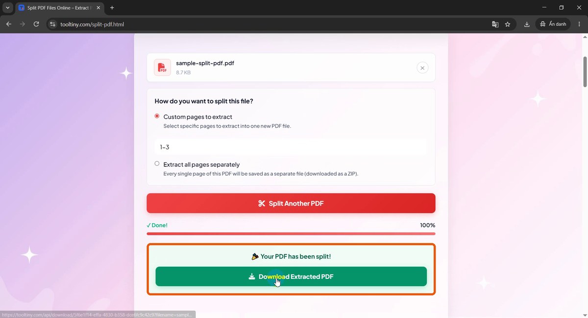 Your PDF has been split with the Download Extracted PDF button