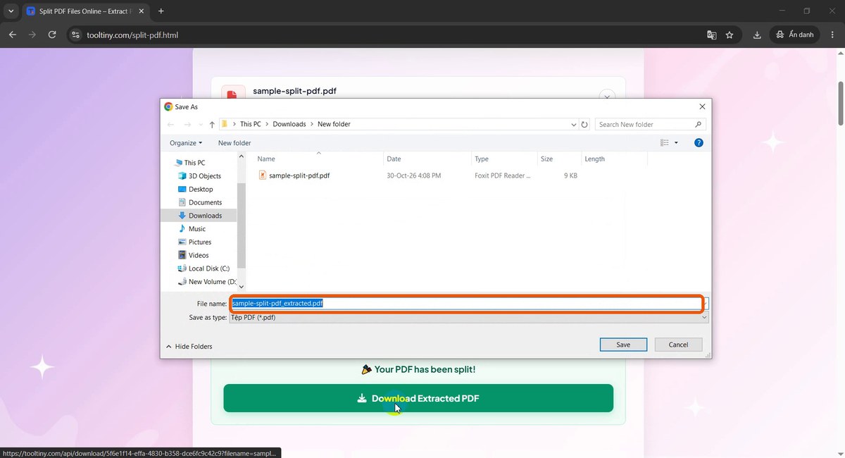Save As dialog with sample-split-pdf_extracted.pdf