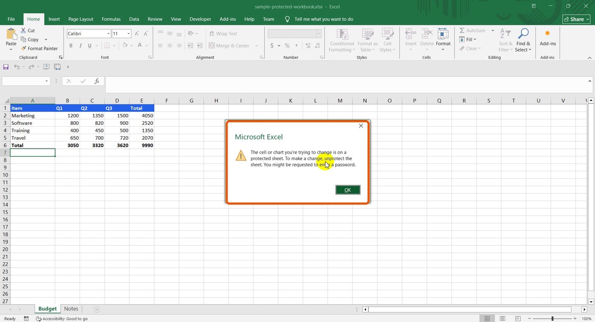 Excel message that the cell is on a protected sheet