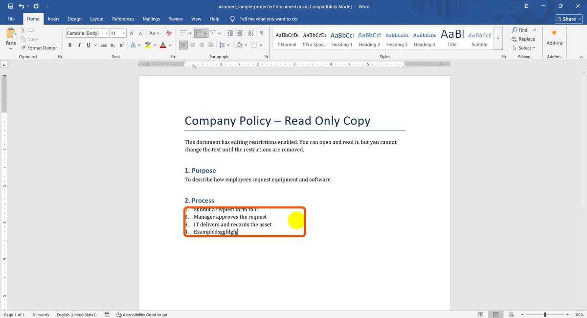 Unlocked Word document with a new list item