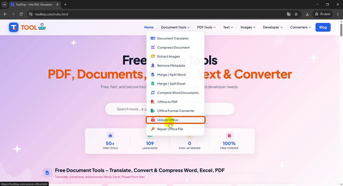 Document Tools menu with Unlock Office highlighted