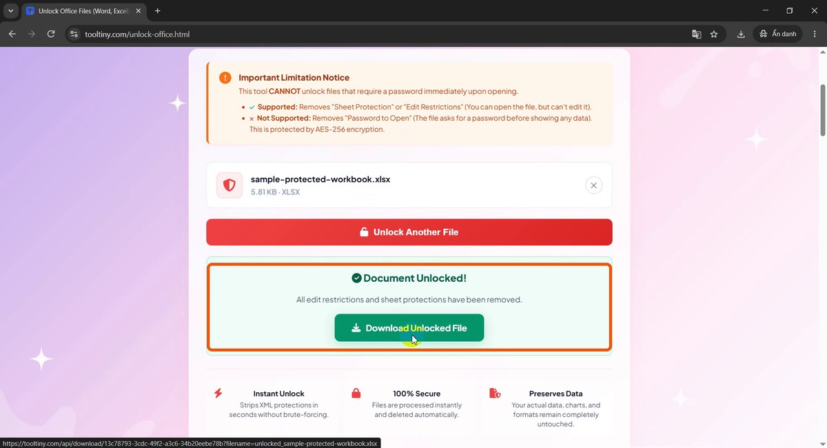 Document Unlocked message with download button