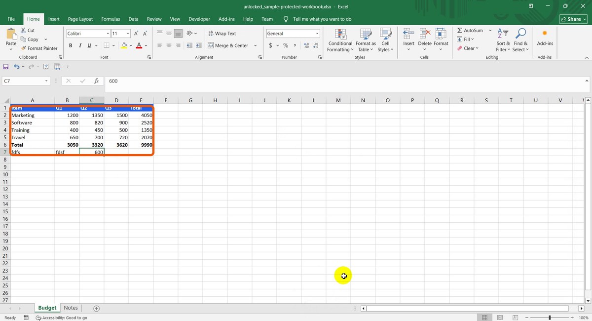 Unlocked workbook with new values typed under the table