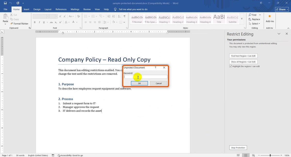 Word asking for the Unprotect Document password